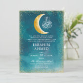 Gouden Glitter Maan Blauw Groene Ruimte Islamitisc Kaart (Staand voorkant)