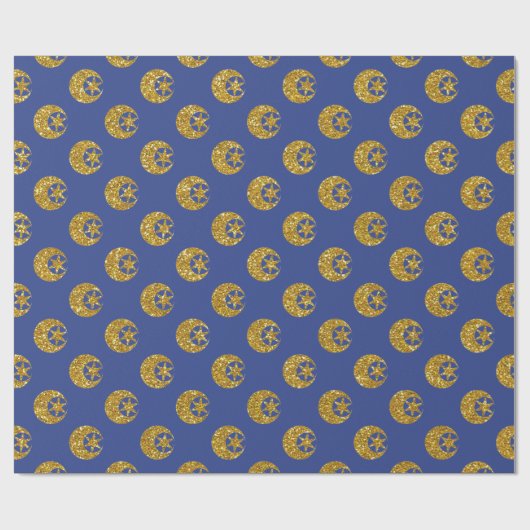 Gouden Glitter Maan en Sterren Patroon op Blauw Cadeaupapier (Vlak)