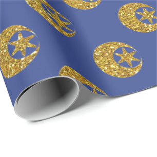 Gouden Glitter Maan en Sterren Patroon op Blauw Cadeaupapier