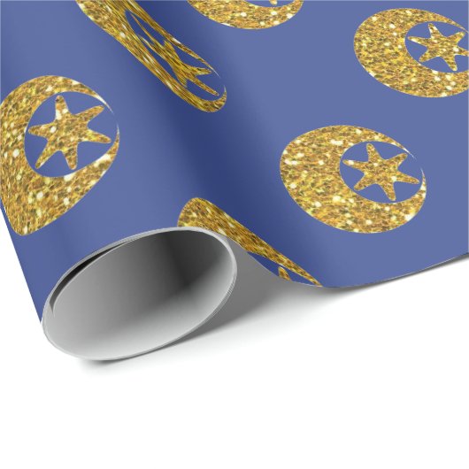 Gouden Glitter Maan en Sterren Patroon op Blauw Cadeaupapier (Rol Hoek)
