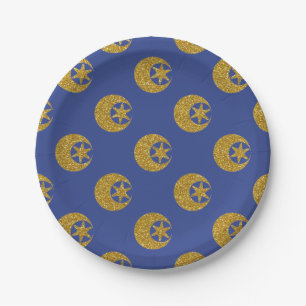Gouden glitter maan- en sterrenpatroon op blauw papieren bordje