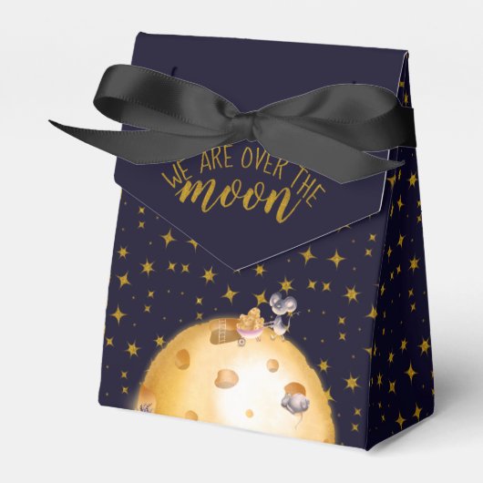 Gouden glitter, maan gemaakt van kaas, baby shower bedankdoosjes (Voorkant Zijde)