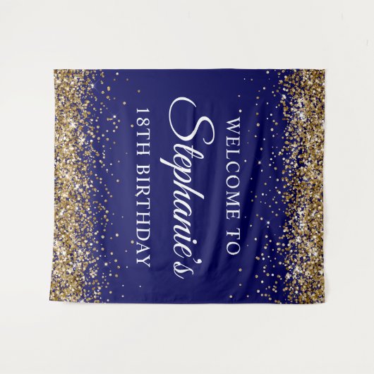 Gouden Glitter Marine Blauw 18e Verjaardagsfeestje Wandkleed (Voorkant (horizontaal))