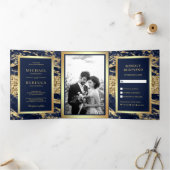 Gouden Glitter Marine Blauw Marmer Foto Bruiloft Drieluik Uitnodiging (Binnen)
