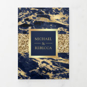 Gouden Glitter Marine Blauw Marmer Foto Bruiloft Drieluik Uitnodiging (Cover)