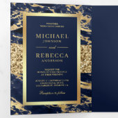 Gouden Glitter Marine Blauw Marmer Foto Bruiloft Drieluik Uitnodiging (Binnenzijde eerst)