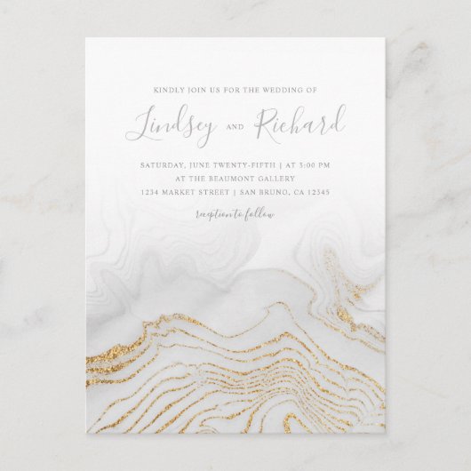 Gouden Glitter Marmer & Modern Script Huwelijksuit Uitnodiging Briefkaart (Voorkant)