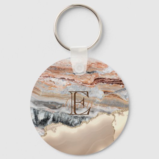 Gouden Glitter Marmer Steen Monogram Sleutelhanger (Voorkant)