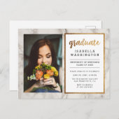 Gouden Glitter & Marmeren Foto Afstudeerfeest Uitnodiging Briefkaart (Voorkant / Achterkant)