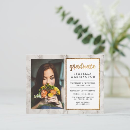 Gouden Glitter & Marmeren Foto Afstudeerfeest Uitnodiging Briefkaart (Staand voorkant)