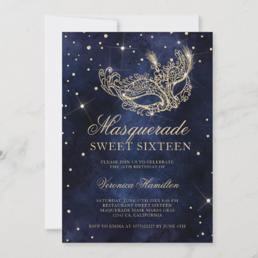 gouden glitter masquerade mask navy blue Sweet 16 Kaart (Voorkant)