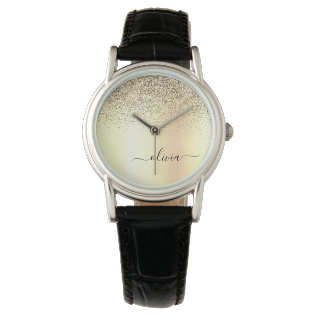 Gouden Glitter Meisjesachtige Luxe Moderne Monogra Horloge (Voorkant)
