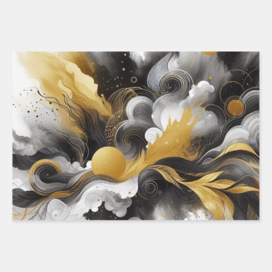 Gouden Glitter met Zwart Abstract Inpakpapier Vel (Voorkant)