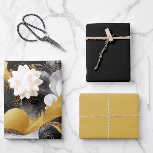 Gouden Glitter met Zwart Abstract Inpakpapier Vel (Voorkant)
