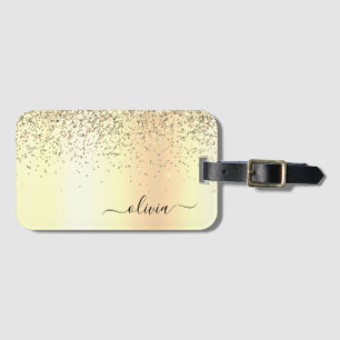 Gouden Glitter Metaal Monogram Glam Naam Bagagelabel