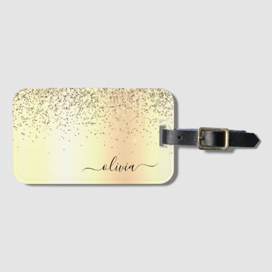 Gouden Glitter Metaal Monogram Glam Naam Bagagelabel (Voorkant (horizontaal))