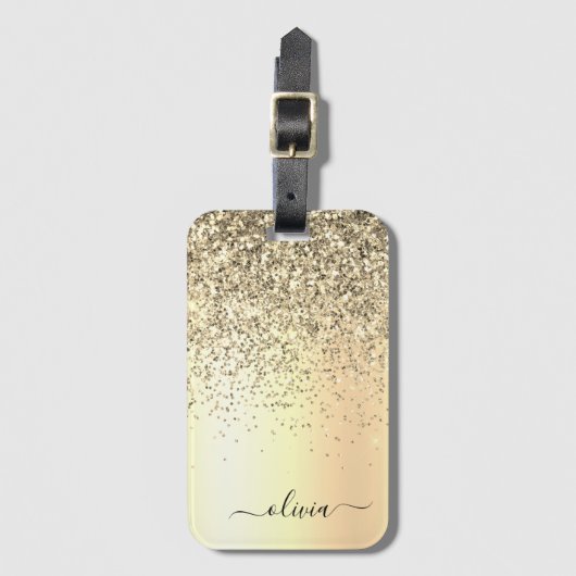 Gouden Glitter Metaal Monogram Glam Naam Bagagelabel (Voorkant (verticaal))