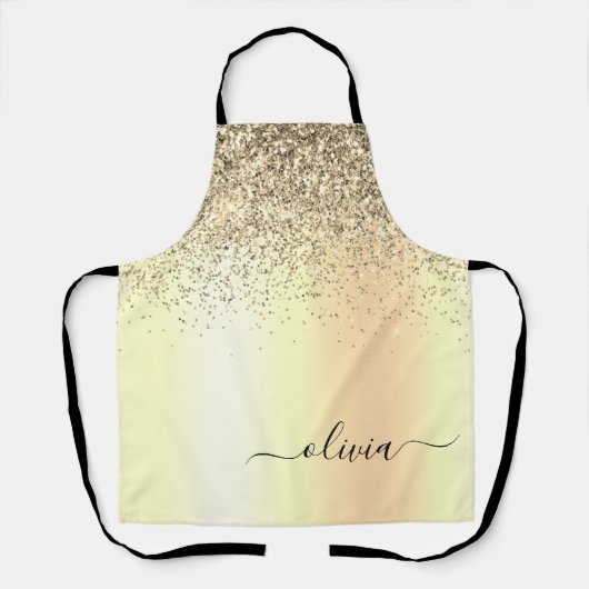 Gouden Glitter Metaal Monogram Glam Naam Schort (Voorkant)