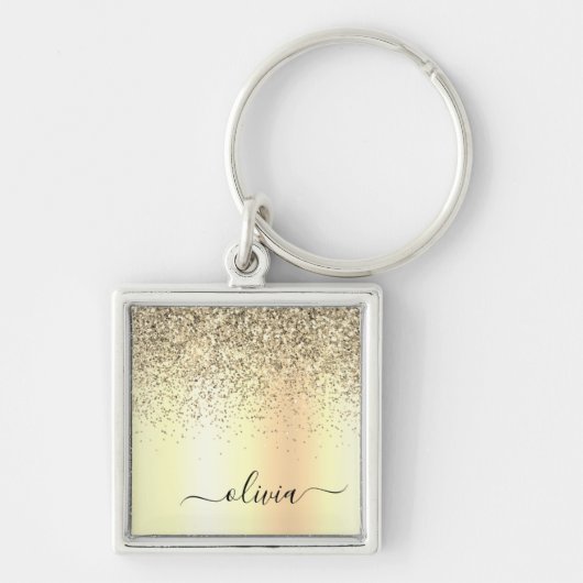 Gouden Glitter Metaal Monogram Glam Naam Sleutelhanger (Voorkant)