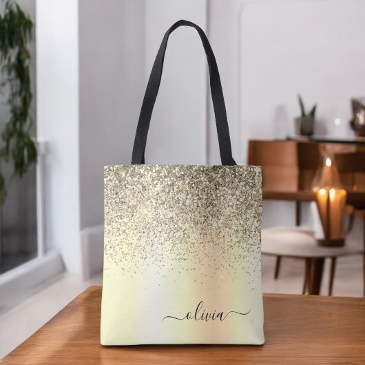 Gouden Glitter Metaal Monogram Glam Naam Tote Bag
