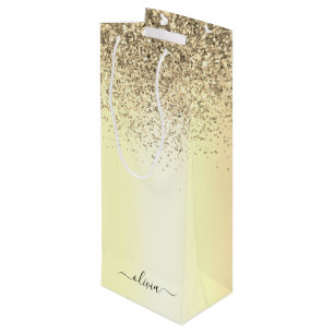 Gouden Glitter Metaal Monogram Glam Naam Wijn Cadeautas