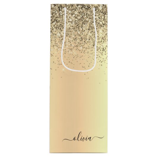 Gouden Glitter Metaal Monogram Glam Naam Wijn Cadeautas (Voorkant)