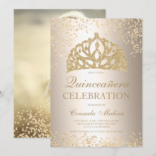 gouden glitter metalen foto tiara Quinceañera Kaart (Voorkant / Achterkant)