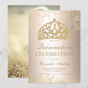gouden glitter metalen foto tiara Quinceañera Kaart