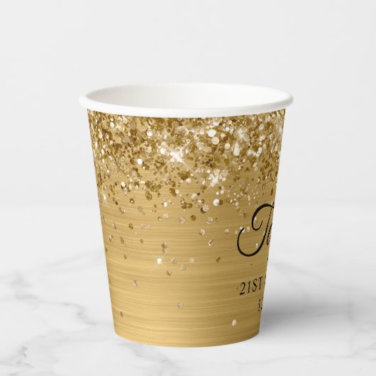 Gouden Glitter Metallic 21e verjaardag Papieren Bekers (Voorkant)