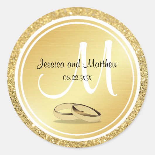 Gouden Glitter & Metallic Bruiloft Monogram Sticke Ronde Sticker (Voorkant)