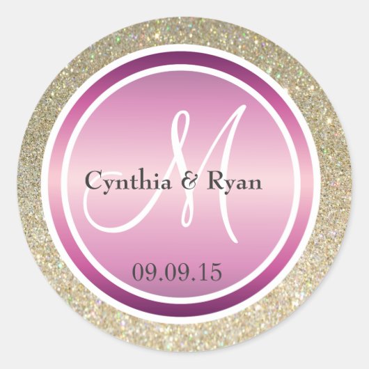 Gouden Glitter & Metallic Paarse Bruiloft Monogram Ronde Sticker (Voorkant)