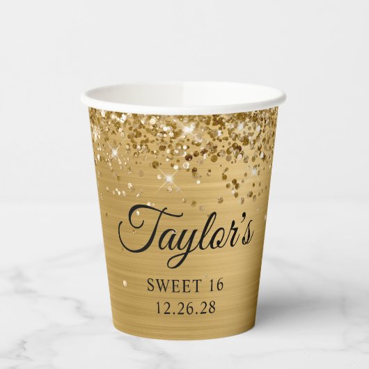 Gouden Glitter Metallic Sweet 16 Papieren Bekers (Links)