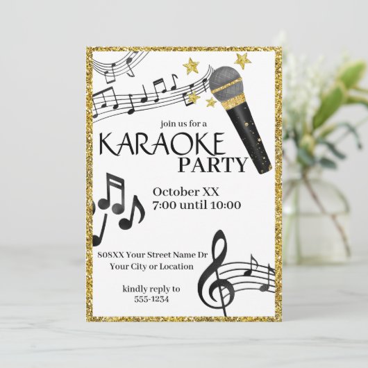 Gouden Glitter Microfoon Muzieknoten Karaoke Party Kaart (Staand voorkant)