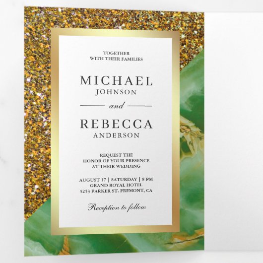 Gouden Glitter Mint Groen Marmer Foto Huwelijk Drieluik Uitnodiging (Binnenzijde eerst)