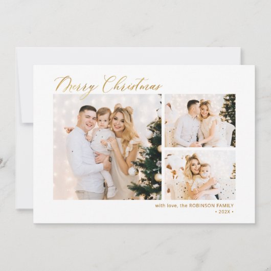 Gouden Glitter Modern 3 Multi Photo Christmas Feestdagenkaart (Voorkant)