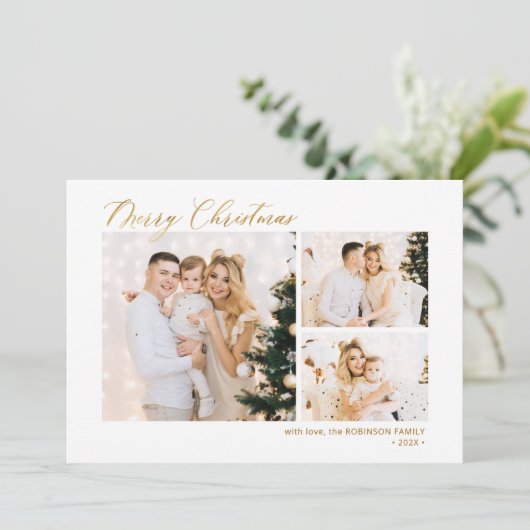 Gouden Glitter Modern 3 Multi Photo Christmas Feestdagenkaart (Staand voorkant)