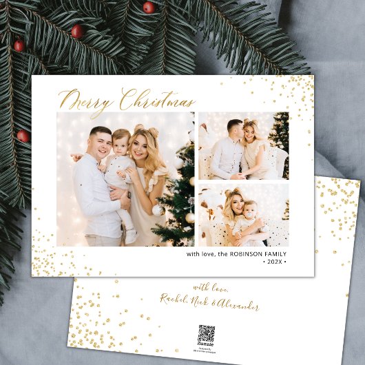 Gouden Glitter Modern 3 Multi Photo Christmas Feestdagenkaart