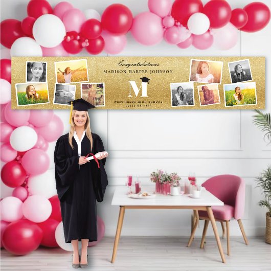 Gouden Glitter Monogram 10 Foto Afstudeerfeest Spandoek