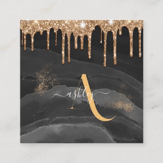 Gouden Glitter Monogram Aangepaste Metallic Vierkante Visitekaartje (Voorkant)
