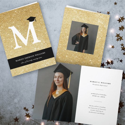Gouden Glitter Monogram Alfabet M Modern Foto Grad