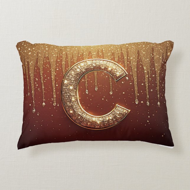 Gouden Glitter Monogram C Letter Rode Initiaal Accent Kussen (Voorkant)