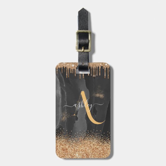 Gouden Glitter Monogram Met Glitterdruppels Metaal Bagagelabel (Voorkant verticaal)