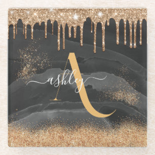 Gouden Glitter Monogram Met Glitterdruppels Metaal Glazen Onderzetter