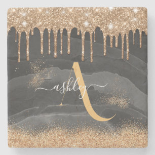 Gouden Glitter Monogram Met Glitterdruppels Metaal Stenen Onderzetter