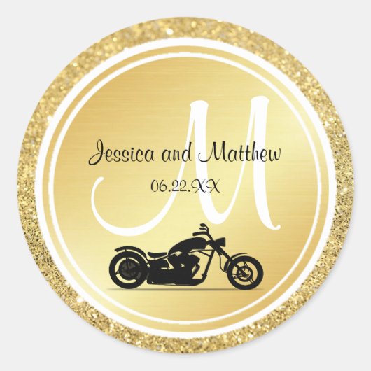 Gouden Glitter Monogram Motorfiets Bruiloft Sticke Ronde Sticker (Voorkant)