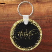 Gouden Glitter Monogram Naam Zwart Glamour Sleutelhanger (Voorkant)
