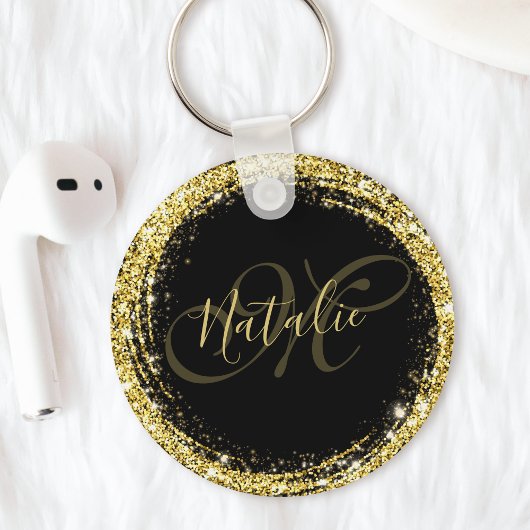 Gouden Glitter Monogram Naam Zwart Glamoureus Sleutelhanger