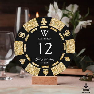 Gouden Glitter Monogram Poker Chip Casino Bruiloft Kaart