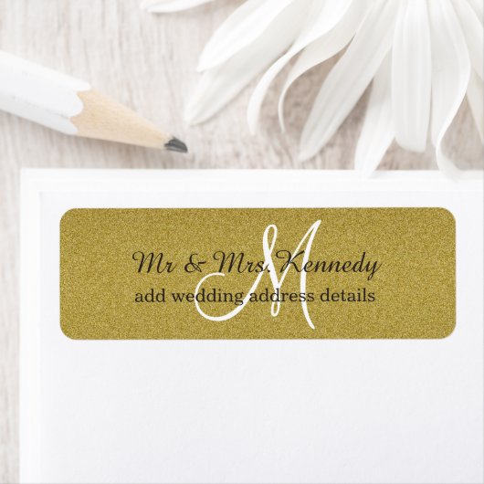 Gouden Glitter Monogram Trouwadres Etiket (Insitu)