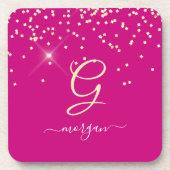 Gouden Glitter & Monogram Wit Script Naam, Fuchsia Bier Onderzetter (Voorkant)